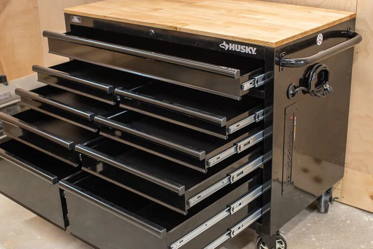 46-in W x 24.5-in D 9-Drawer Mobile Workbench with Hardwood Top and Power Station �� Gloss Black