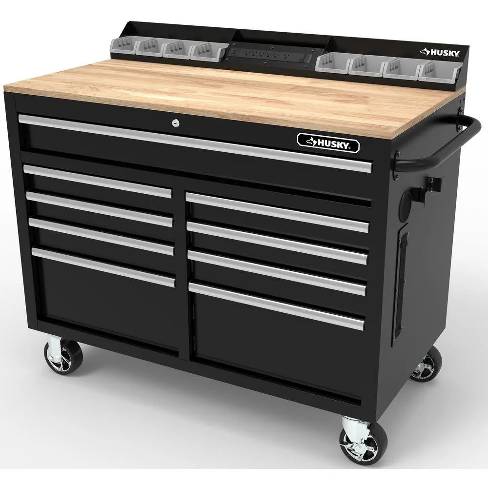 46-in W x 24.5-in D 9-Drawer Mobile Workbench with Hardwood Top and Power Station �� Gloss Black