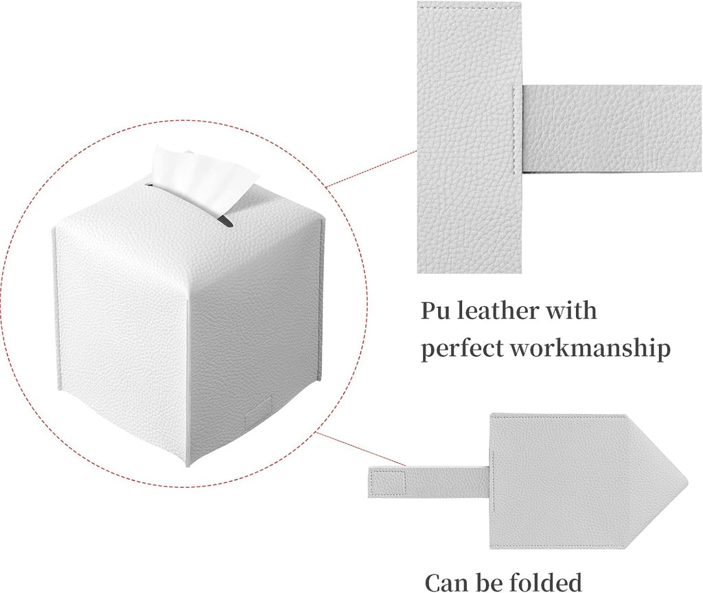 2 Pack Off-White Tissue Box Cover, Pu Leather Square Tissue Box Holder with Bottom Belt Modern Stylish Tissue Box Organizer for Home, Car, Hotel, Office 5"X5"X5" (Off-White-2Pack)