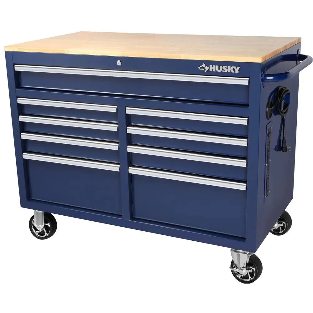 46-in W x 24.5-in D 9-Drawer Mobile Workbench with Hardwood Top and Power Station �� Gloss Black