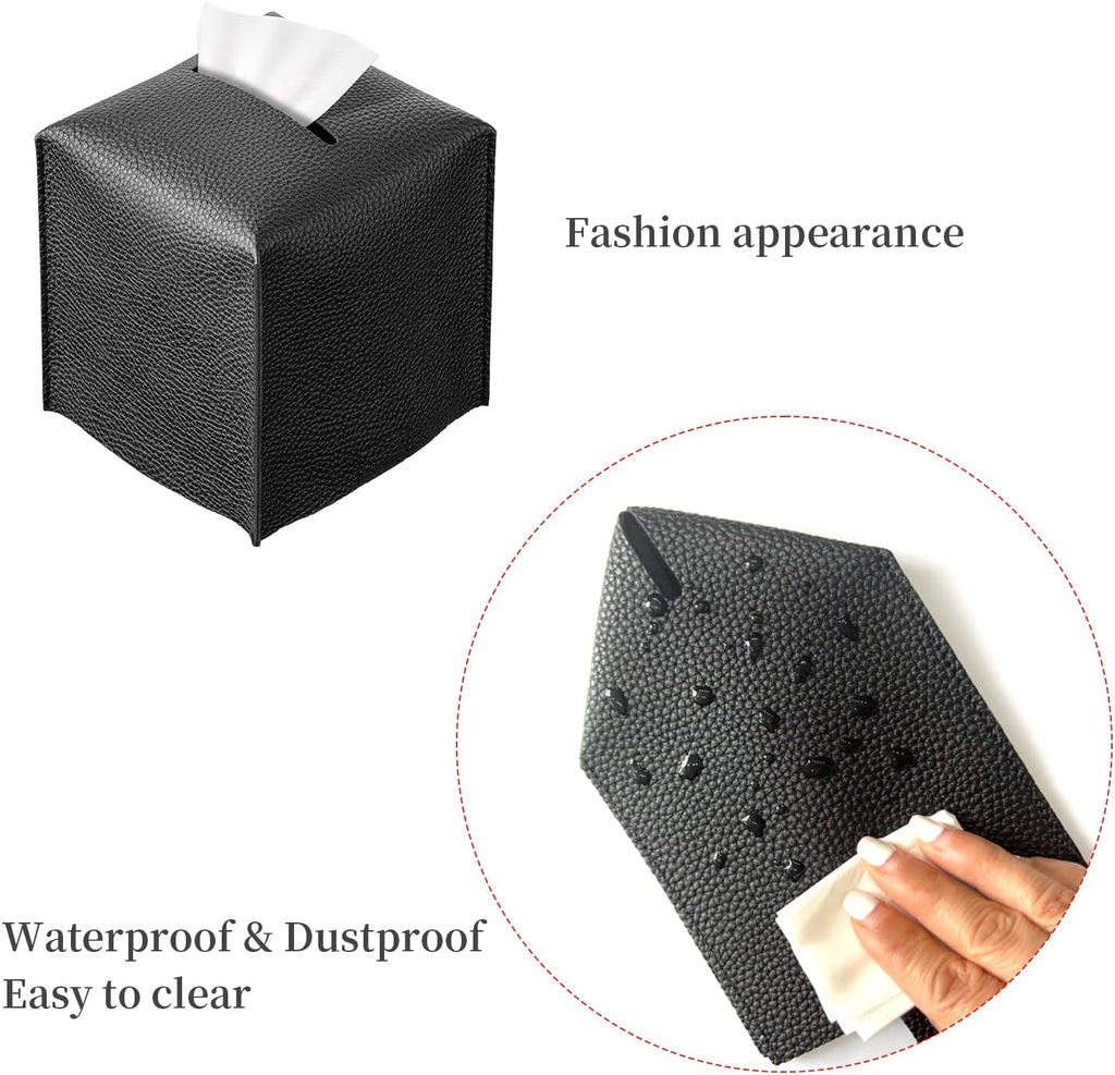 Square Tissue Box Cover, Pu Leather Tissue Box Holder with Bottom Belt Modern Stylish Tissue Box Organizer for Bathroom, Bedroom, Hotel, Office Desk 5"X5"X5" (Black)