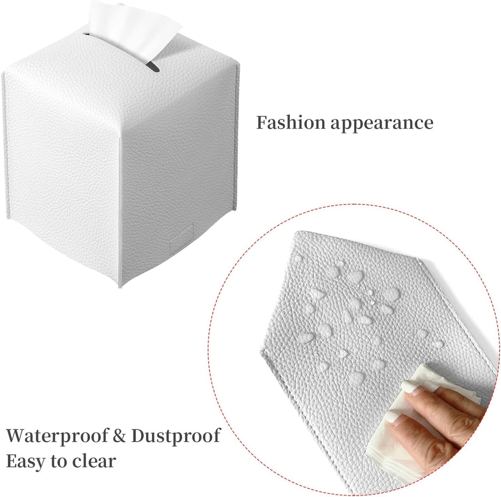 2 Pack Off-White Tissue Box Cover, Pu Leather Square Tissue Box Holder with Bottom Belt Modern Stylish Tissue Box Organizer for Home, Car, Hotel, Office 5"X5"X5" (Off-White-2Pack)