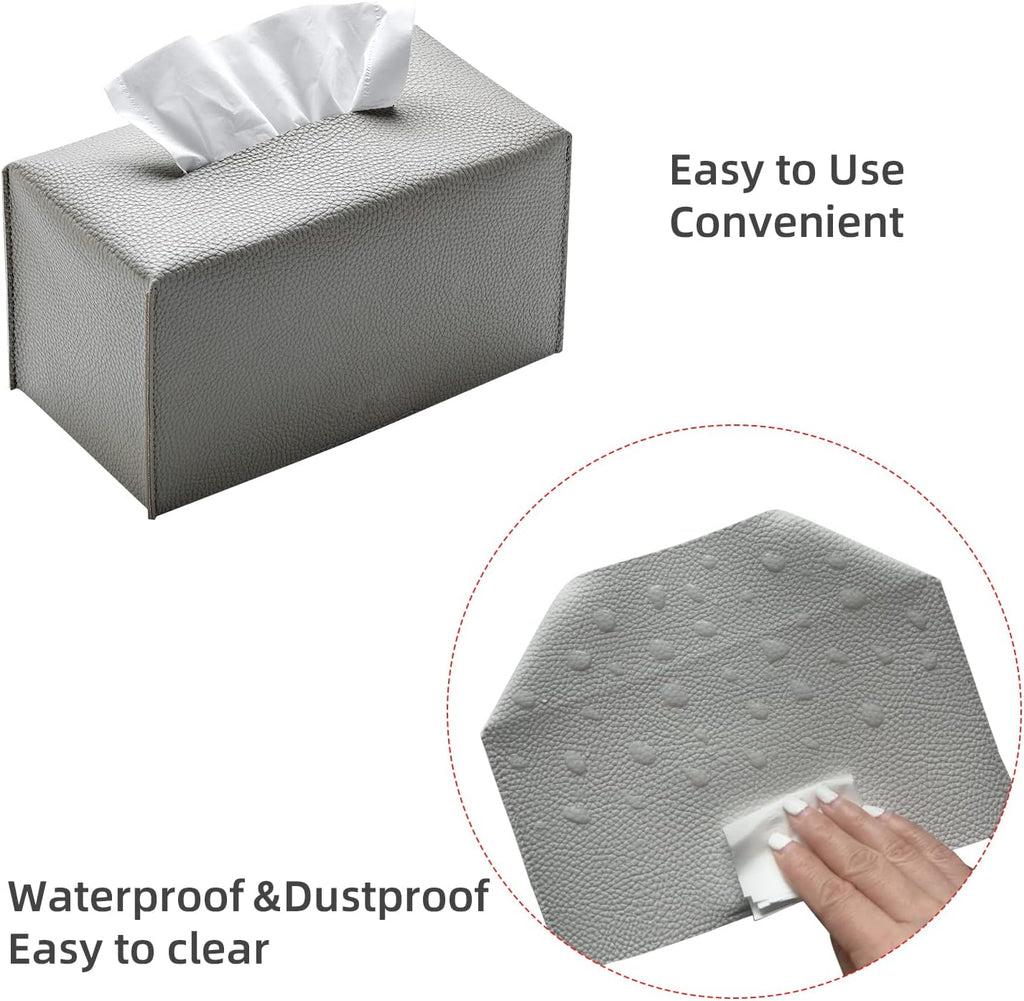 Leather Tissue Box Cover, Rectangular Holder with Bottom Belt - Modern Decorative Organizer for Bathroom, Car, Bedroom, Hotel, Office (Grey)