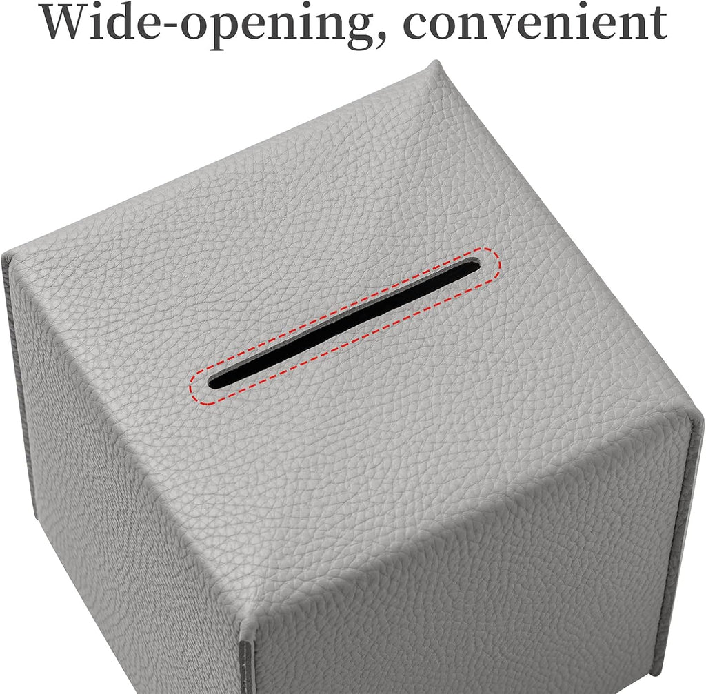 Square Tissue Box Cover, Pu Leather Tissue Box Holder with Bottom Belt Modern Stylish Tissue Box Organizer for Bathroom, Bedroom, Hotel, Office Desk 5"X5"X5"-Grey