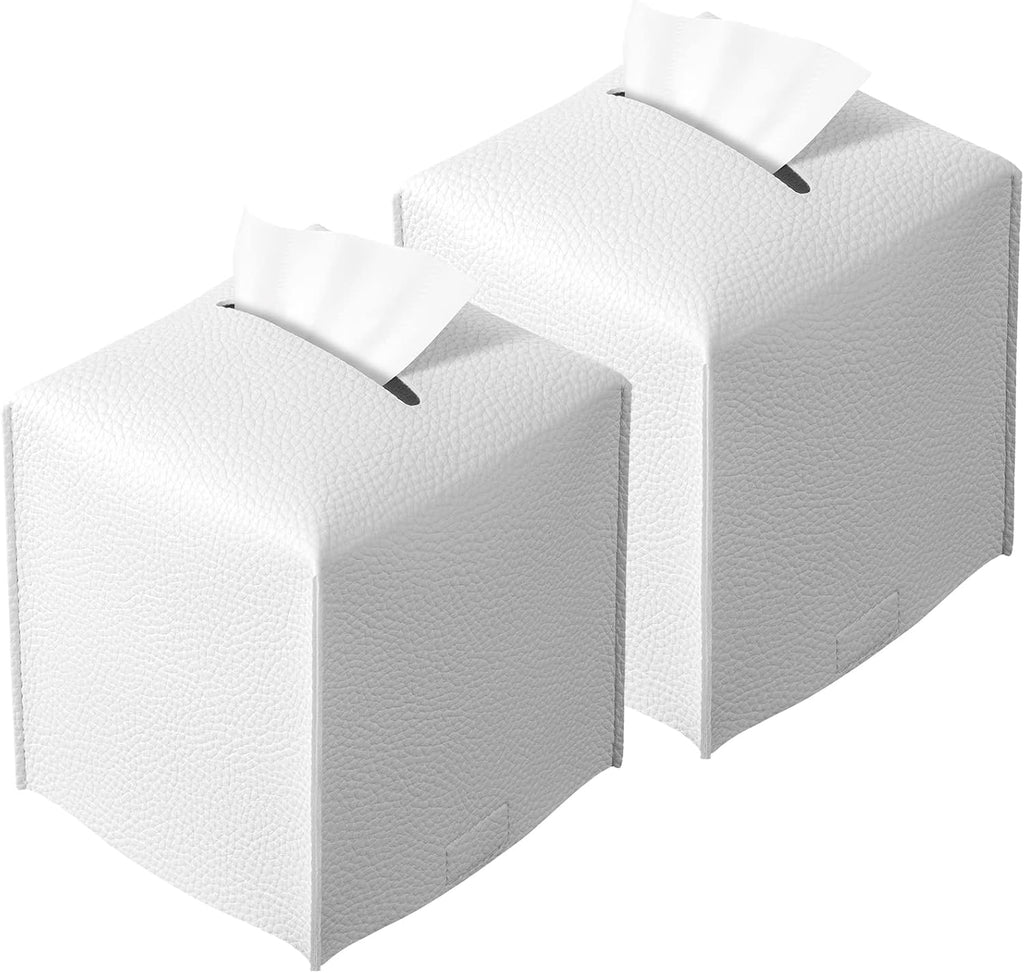 2 Pack Off-White Tissue Box Cover, Pu Leather Square Tissue Box Holder with Bottom Belt Modern Stylish Tissue Box Organizer for Home, Car, Hotel, Office 5"X5"X5" (Off-White-2Pack)