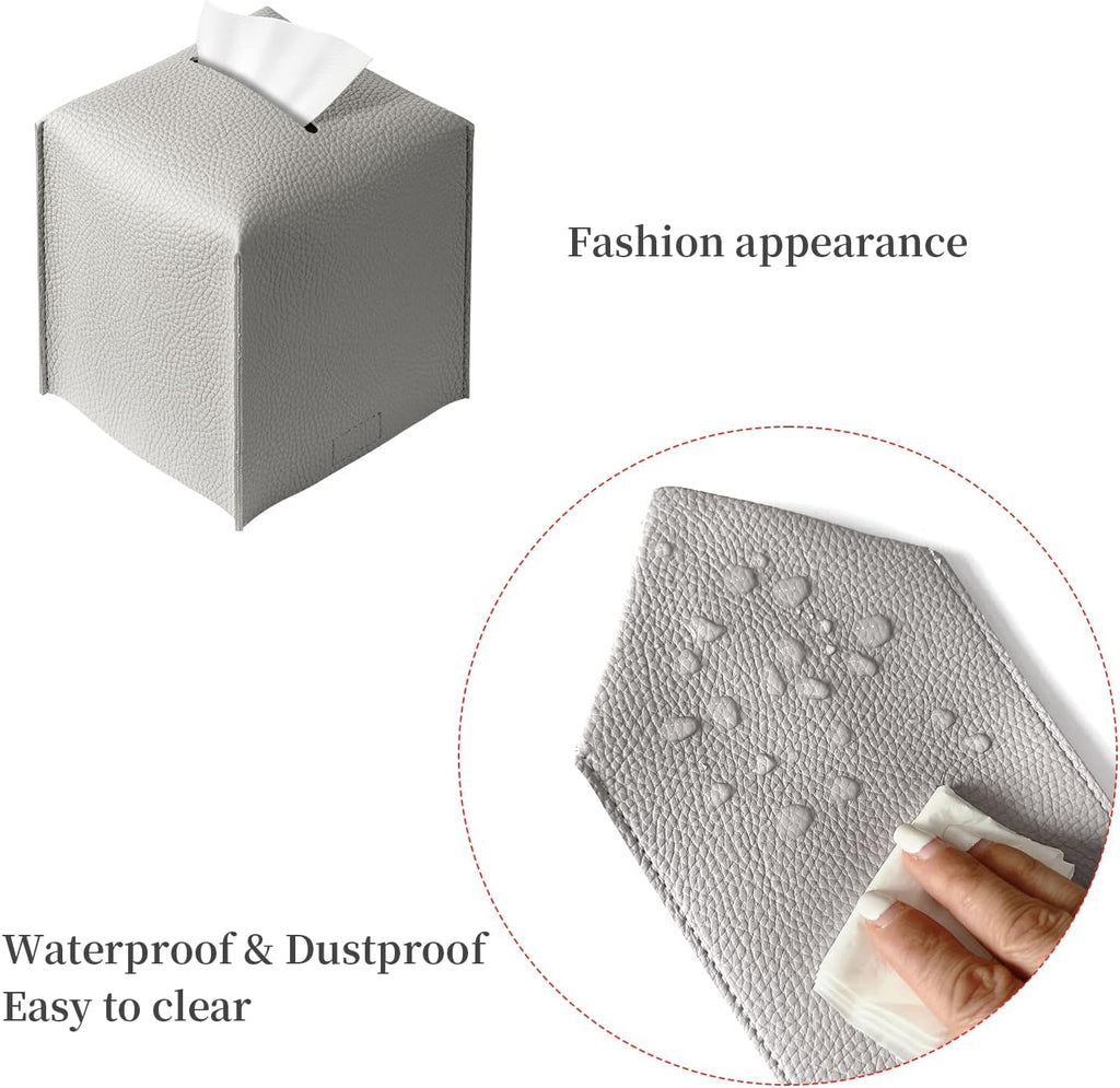 Square Tissue Box Cover, Pu Leather Tissue Box Holder with Bottom Belt Modern Stylish Tissue Box Organizer for Bathroom, Bedroom, Hotel, Office Desk 5"X5"X5"-Grey