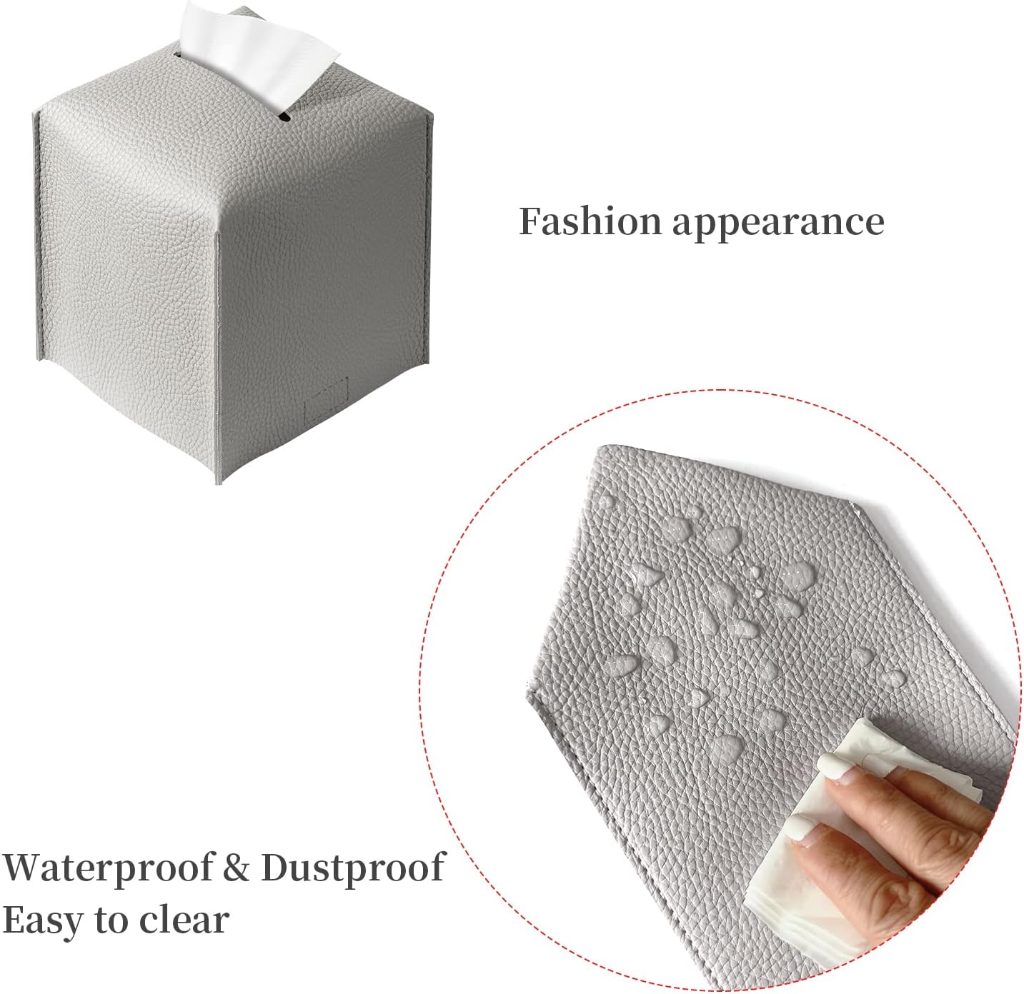 Square Tissue Box Cover, Pu Leather Tissue Box Holder with Bottom Belt Modern Stylish Tissue Box Organizer for Bathroom, Bedroom, Hotel, Office Desk 5"X5"X5"-Grey