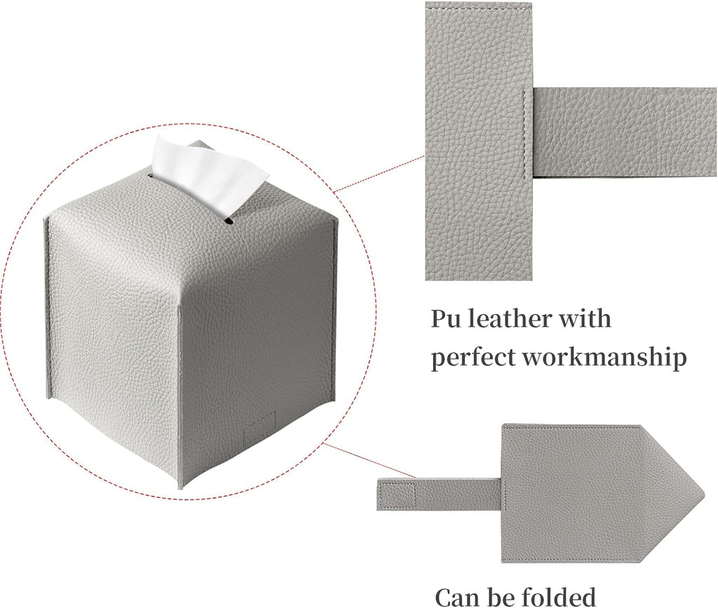 Square Tissue Box Cover, Pu Leather Tissue Box Holder with Bottom Belt Modern Stylish Tissue Box Organizer for Bathroom, Bedroom, Hotel, Office Desk 5"X5"X5"-Grey