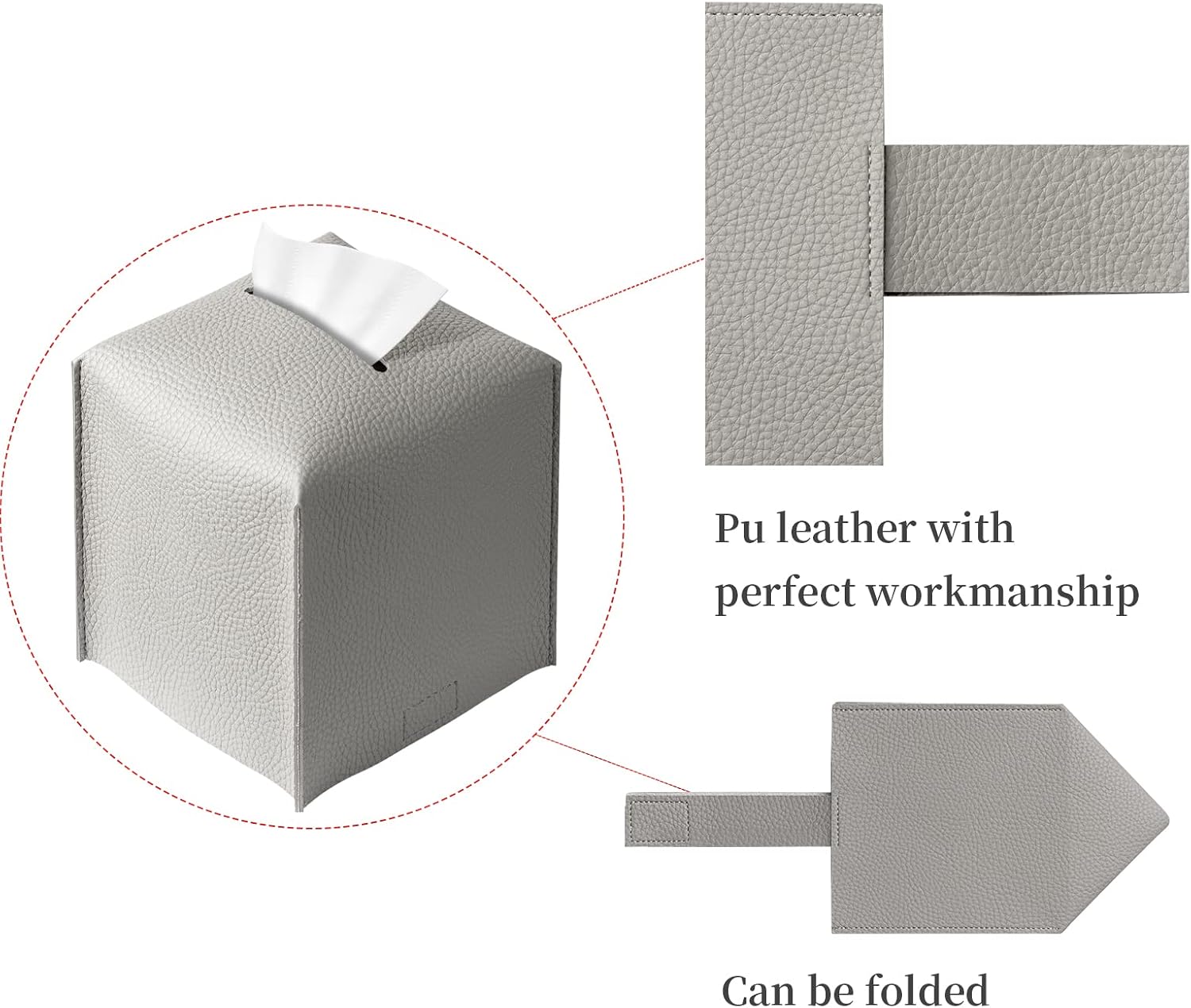 Square Tissue Box Cover, Pu Leather Tissue Box Holder with Bottom Belt Modern Stylish Tissue Box Organizer for Bathroom, Bedroom, Hotel, Office Desk 5"X5"X5"-Grey