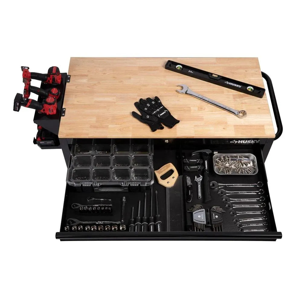 46-in W x 24.5-in D 9-Drawer Mobile Workbench with Hardwood Top and Power Station �� Gloss Black