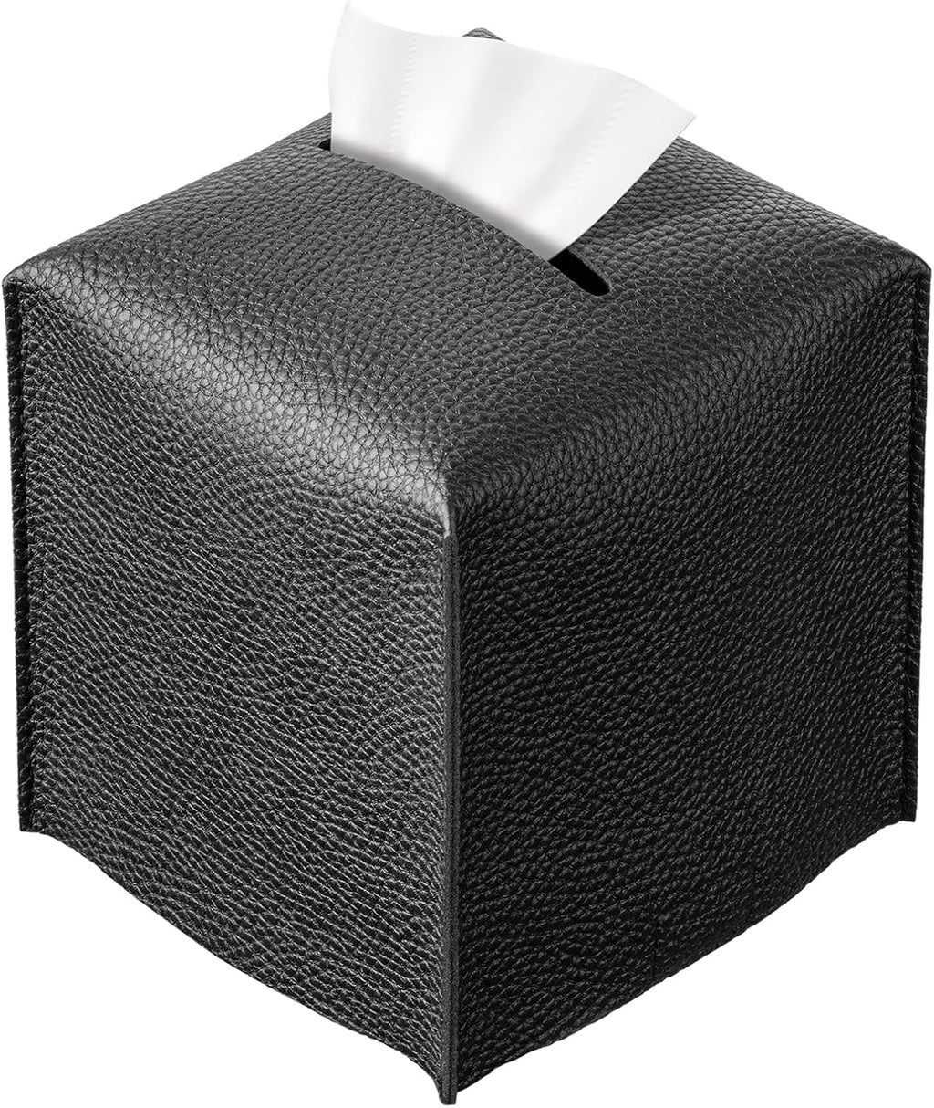 Square Tissue Box Cover, Pu Leather Tissue Box Holder with Bottom Belt Modern Stylish Tissue Box Organizer for Bathroom, Bedroom, Hotel, Office Desk 5"X5"X5" (Black)