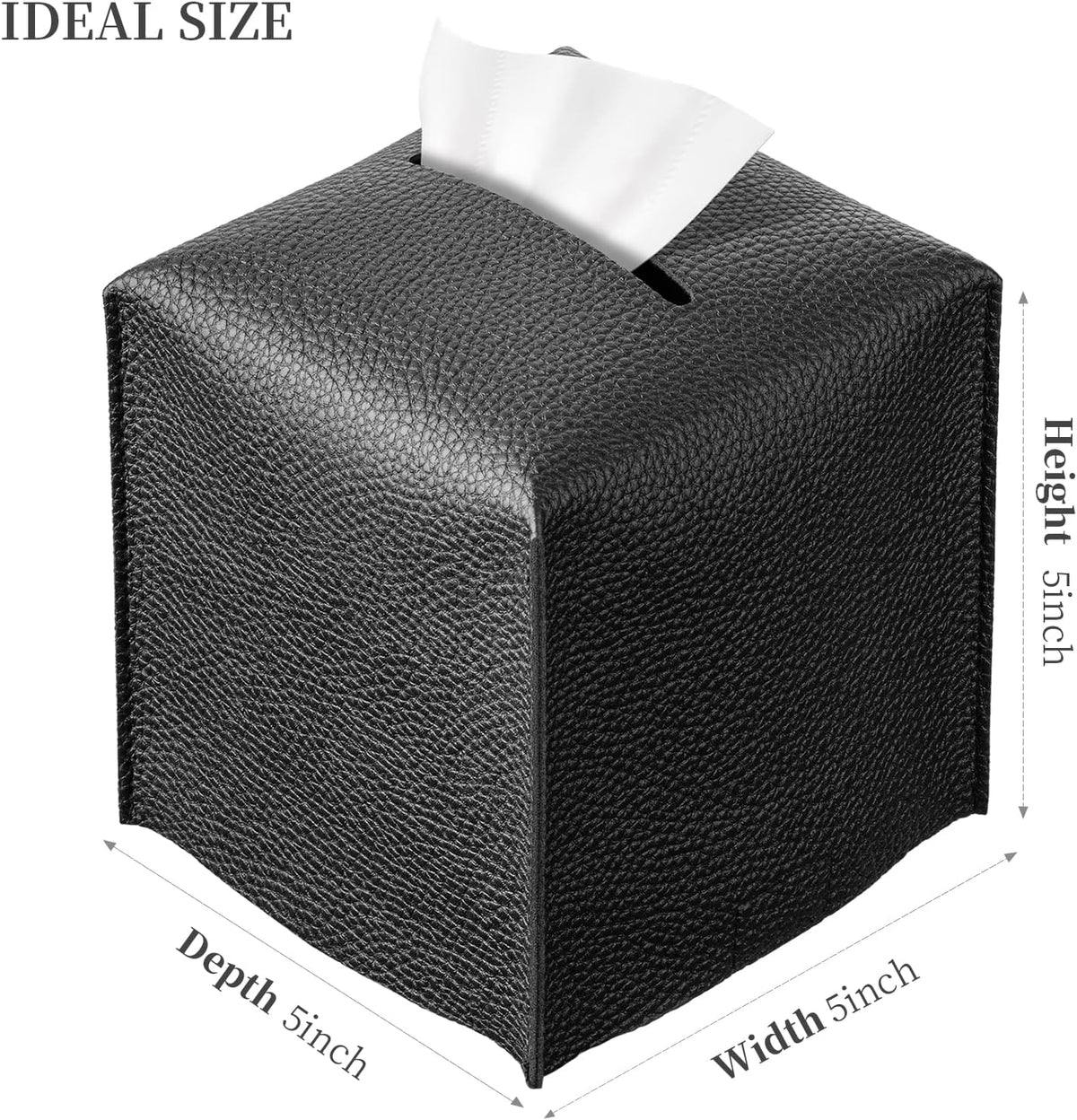 Square Tissue Box Cover, Pu Leather Tissue Box Holder with Bottom Belt Modern Stylish Tissue Box Organizer for Bathroom, Bedroom, Hotel, Office Desk 5"X5"X5" (Black)