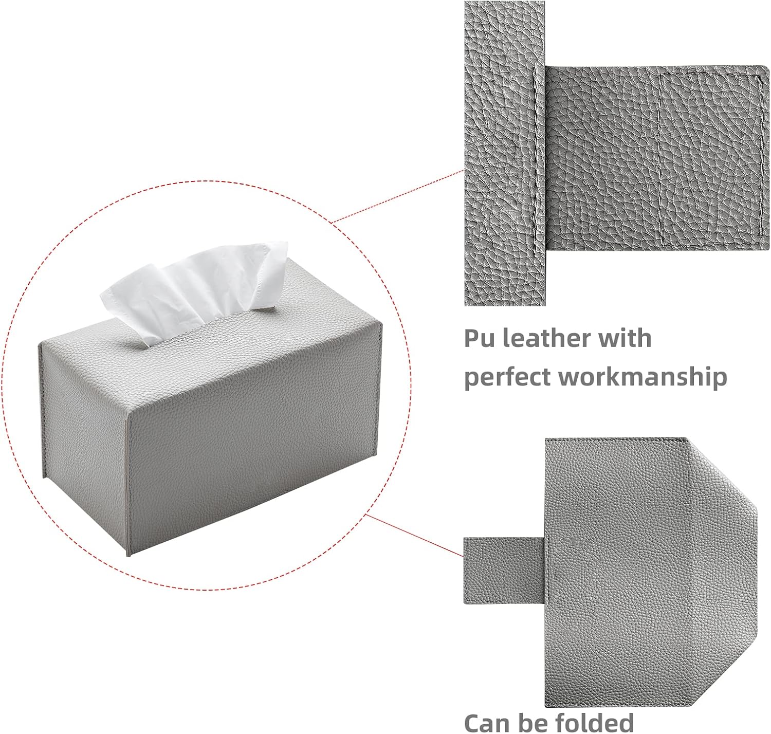 Leather Tissue Box Cover, Rectangular Holder with Bottom Belt - Modern Decorative Organizer for Bathroom, Car, Bedroom, Hotel, Office (Grey)