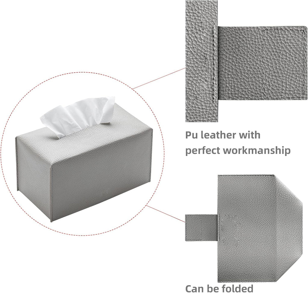 Leather Tissue Box Cover, Rectangular Holder with Bottom Belt - Modern Decorative Organizer for Bathroom, Car, Bedroom, Hotel, Office (Grey)