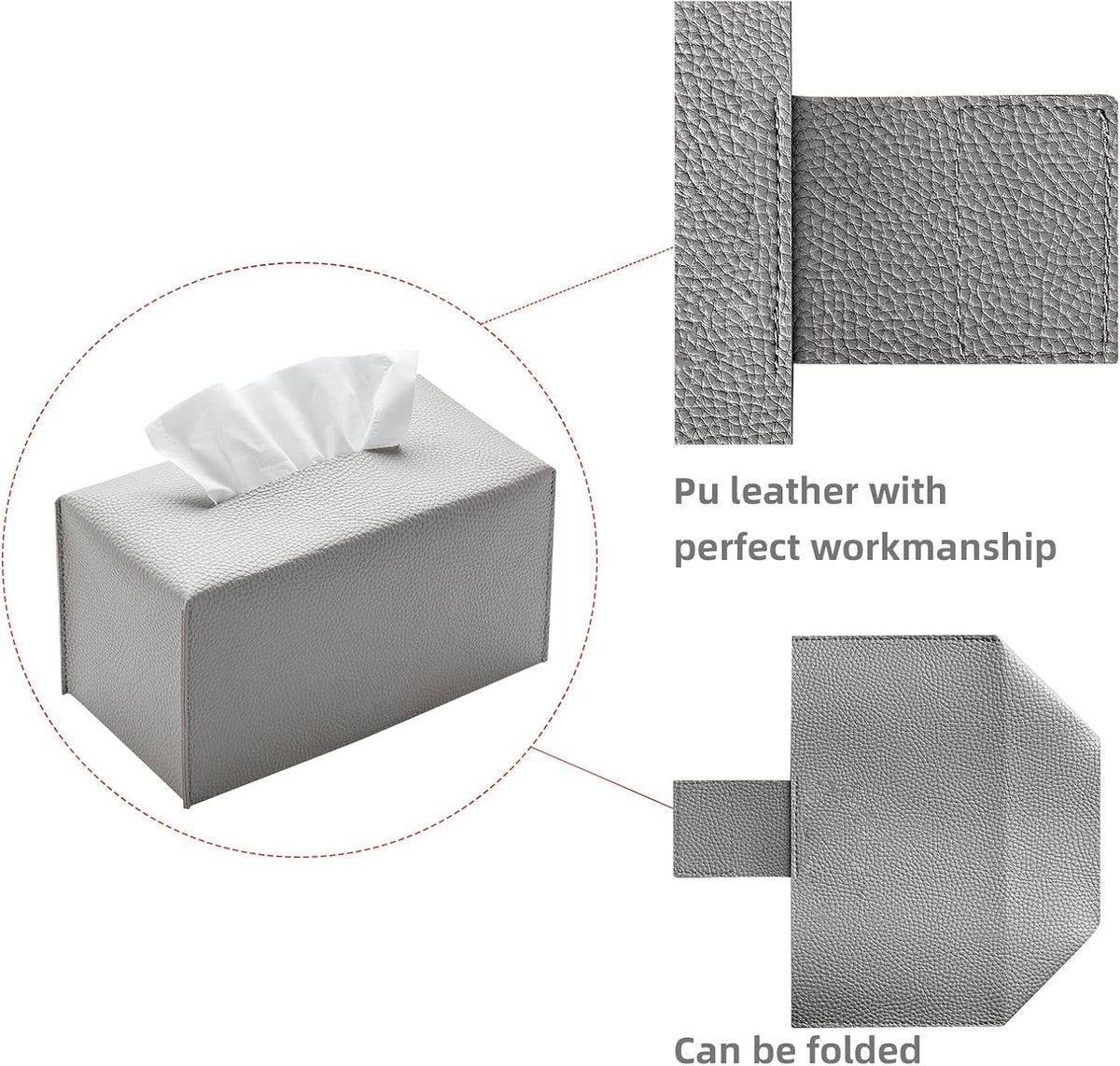 Leather Tissue Box Cover, Rectangular Holder with Bottom Belt - Modern Decorative Organizer for Bathroom, Car, Bedroom, Hotel, Office (Grey)