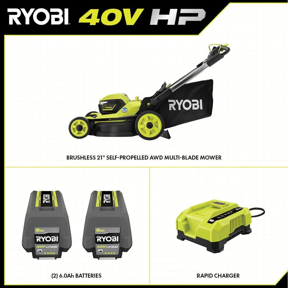 Ryobi 40V HP Brushless 21-in Self-Propelled AWD Lawn Mower �� Whisper Series �� Includes (2) 6.0Ah Batteries and Charger