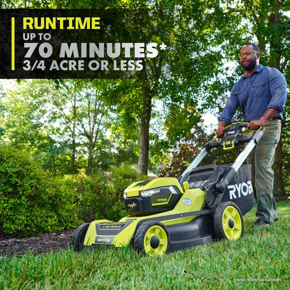 Ryobi 40V HP Brushless 21-in Self-Propelled AWD Lawn Mower �� Whisper Series �� Includes (2) 6.0Ah Batteries and Charger