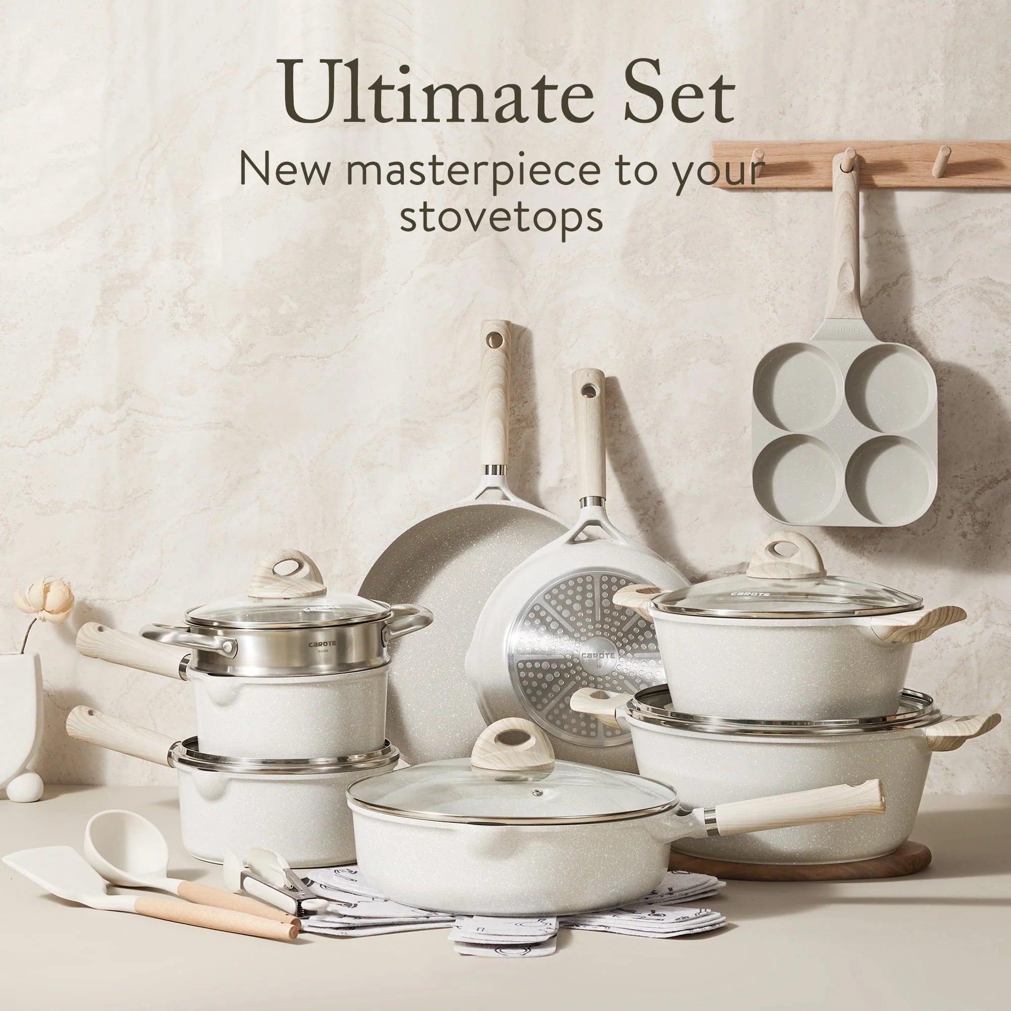 Carote Non Stick Pots and Pans Set, 21 Pcs Induction Kitchen Cookware Sets (Beige Granite)