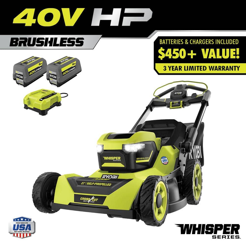 Ryobi 40V HP Brushless 21-in Self-Propelled AWD Lawn Mower �� Whisper Series �� Includes (2) 6.0Ah Batteries and Charger